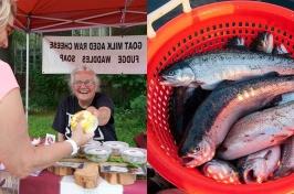 Two images are shown. On the left is a bin full of fresh seafood. On the right is a woman selling dairy products at a farmers market booth.